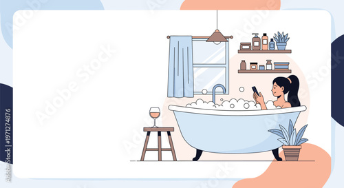 Cozy bathroom scene with a woman enjoying a bubble bath while using her mobile phone next to a bright window.
