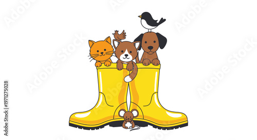 Cute Animals Sheltering in Yellow Rain Boot, Friendship Concept