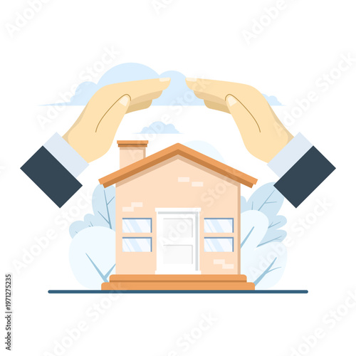 A hand icon covering a house symbolizes property protection, home security, and budgeting for household needs. This clean, flat vector illustration is ideal for housing and financial security themes.