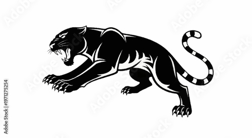 Stylized black and white vector illustration of a snarling black panther in a pouncing stance with sharp claws, a striped tail, and aggressive facial expression on a white background.