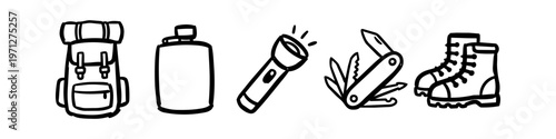 Set of hand-drawn vector icons for hiking and camping adventures, featuring a backpack, water canteen, flashlight, multi-tool, and hiking boots. Minimalist black line art on a white background.