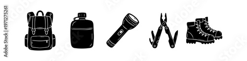 Set of outdoor camping and hiking gear icons featuring a backpack, canteen, flashlight, multi-tool, and hiking boots in a clean black silhouette style on a white background.