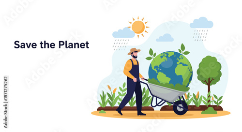 Environmental concept illustration of a farmer pushing a wheelbarrow containing the Earth to save the planet.