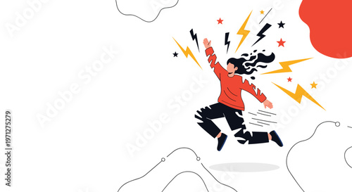 Dynamic woman jumping with joy surrounded by lightning bolts and stars representing energy and excitement.