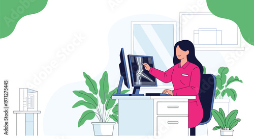 Female radiologist analyzing an x-ray of a human leg joint on a computer screen in a bright medical office.