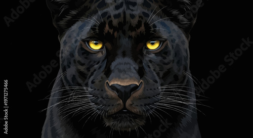 Detailed digital portrait of a black panther head with glowing yellow eyes and subtle rosette patterns on dark fur, featuring sharp whiskers and intense gaze on a black background.