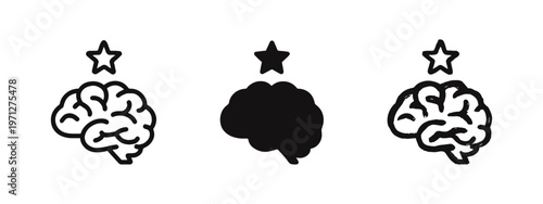 Brain with Star Icon Set - Symbol of Excellence, Top Intelligence, Genius, and Achievement