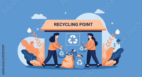 Two women dropping recycling bags at a collection point building with large symbols and autumn leaves decor.