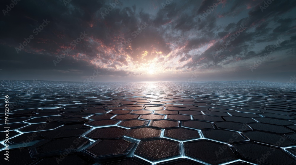 Fototapeta premium Futuristic hexagonal landscape under dramatic sunset, glowing geometric grid floor, sci-fi digital terrain with dark clouds and cinematic lighting