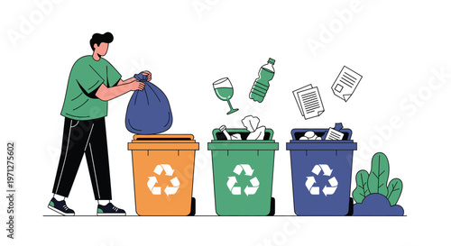 Environmentally conscious man sorts household waste into color-coded recycling bins for glass, plastic, and paper materials.