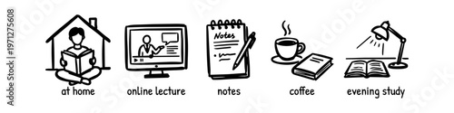 Set of hand-drawn icons illustrating online learning and home study concepts, including video lectures, note-taking, coffee breaks, and evening reading sessions with a desk lamp.