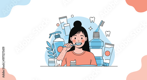 Young woman enjoys her morning routine by brushing her teeth while surrounded by various dental hygiene and care products.