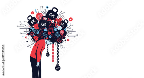 Stressed person feels overwhelmed while carrying a heavy burden of weights representing various tasks and social media pressure.