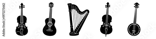 Set of black silhouette icons of string musical instruments: violin, guitar, harp, cello, and banjo. Minimalist designs isolated on white background for music education and performance concepts.