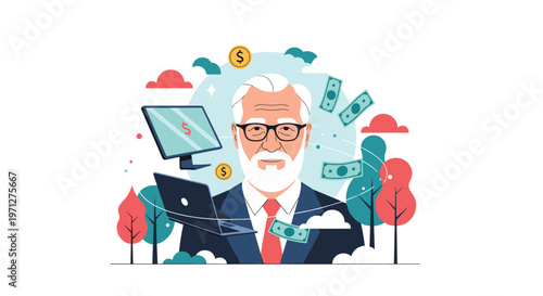 Sophisticated senior businessman in a suit is surrounded by floating laptops, monitors, and dollar bills in a natural setting.