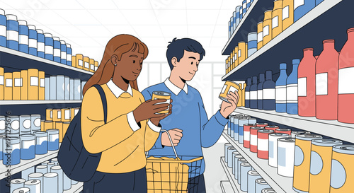 Young diverse couple shops together in a supermarket aisle while carefully inspecting canned food labels for nutritional info.