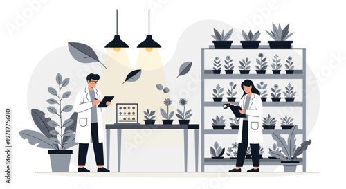 Two dedicated plant scientists in white laboratory coats conduct research and monitor growth in a modern indoor greenhouse.