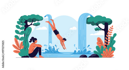 Energetic man dives headfirst into a crystal clear pool of water near scenic waterfalls while a woman watches from the shore.