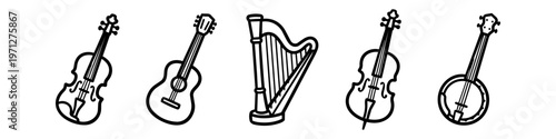 Collection of five black and white line art icons of stringed instruments: violin, acoustic guitar, harp, cello, and banjo. Clean, minimalist graphic design for music-related projects.