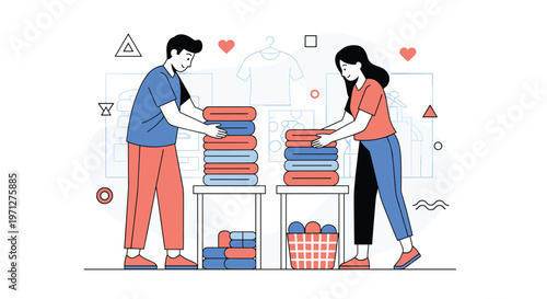 Young man and woman work together to fold and stack colorful laundry on tables in a clean, minimalist laundry room.