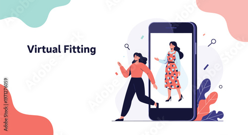 Innovation in shopping is shown by a woman stepping out of a large smartphone into a virtual fitting room with a dress.