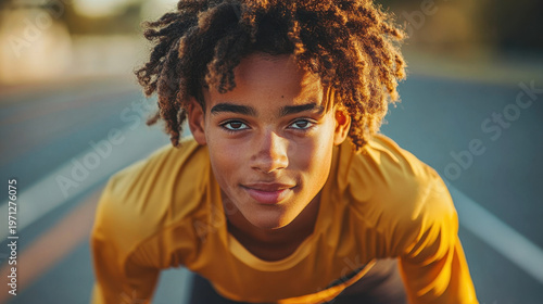 Young Athlete Preparing to Sprint on Track During Sunset