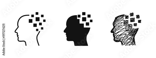 Head with Dissolving Pixels Icon Set - Concept of Memory Loss, Cognitive Decline, or Digital Mind