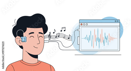 Illustration shows a man with a cochlear implant or hearing aid connected to a digital sound wave display with musical notes.
