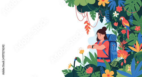 Adventurous woman with a backpack checks her smartwatch while standing among exotic tropical plants and a colorful parrot.