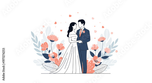 Elegant bride and groom stand together in their wedding attire surrounded by large beautiful pink flowers and falling petals.