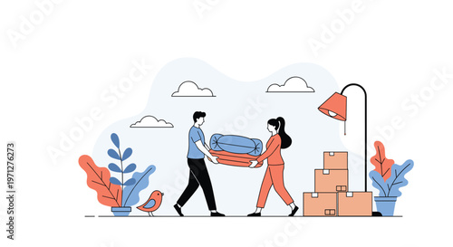 Young couple carries a stack of pillows and blankets while moving into a new home with boxes and a small bird nearby.