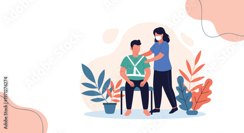 Healthcare worker assists a young man in a clinic to adjust a medical chest or back support brace for rehabilitation.