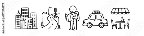 Minimalist black and white hand-drawn doodle icons of city travel including a skyline, road, tourist with map, taxi, and outdoor cafe table. Simple vector line art for urban tourism concepts.