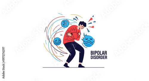Emotional illustration depicts a man struggling with bipolar disorder symptoms shown through different floating mental states.