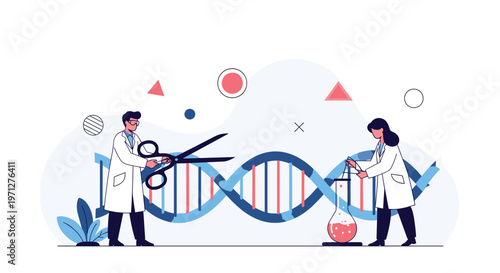 Group of scientists works together to edit a large DNA strand using oversized scissors and chemical solutions in a lab.