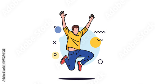 Energetic young man jumping high with excitement against a background of abstract geometric shapes and symbols of celebration.