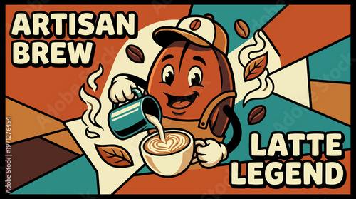 Cartoon coffee bean character latte.