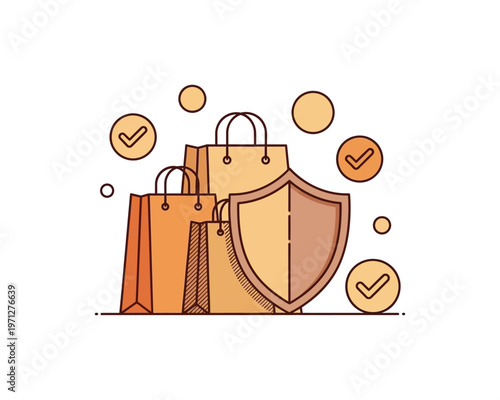 Illustration of shopping bags protected by a shield, symbolizing secure purchases and consumer protection.