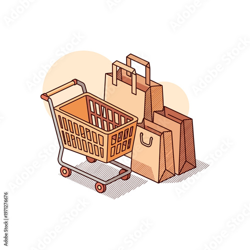 Isometric illustration of an empty shopping cart next to a stack of brown paper shopping bags, depicting a retail or consumer concept.