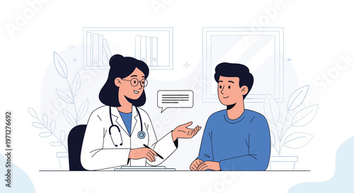 Professional female doctor in a white lab coat talking to a male patient during a consultation in a modern medical office setting.