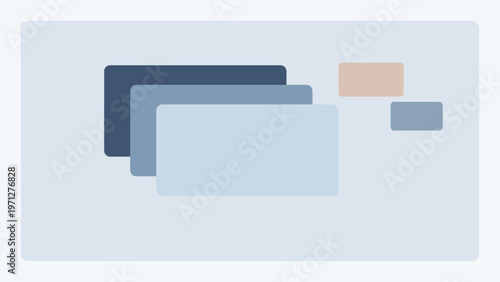 Overlapping card arrangement with progressive offset layering, cool tonal transitions and soft depth illusion for a fluid contemporary interface aesthetic