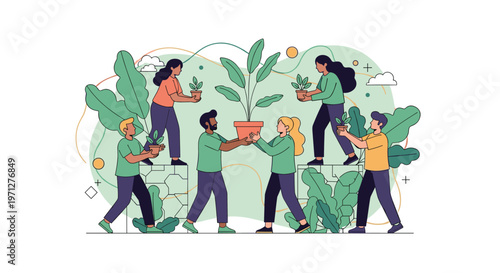 Collaborative team of people working together to pot and care for large green plants symbolizing growth and environmental care.