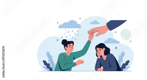 Large compassionate hand reaching down to support two distressed women illustrating themes of empathy and mental health support.