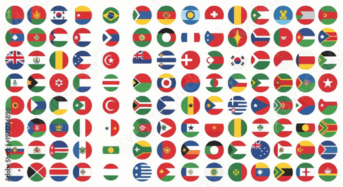 Grid layout of various circular national world flag icons isolated on a white background. A large collection of international round flags from different countries and continents.