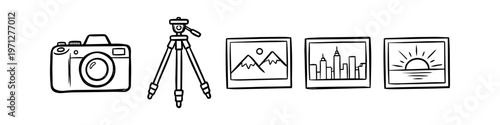 Hand-drawn photography icon set featuring a digital SLR camera, a tripod, and photos of mountains, a cityscape, and a sunset. Minimalist black and white doodle illustrations for creative projects.