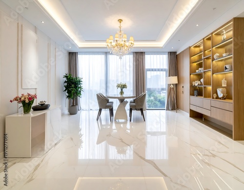 A modern dining area with marble flooring, a chandelier, and a large window showcasing the city