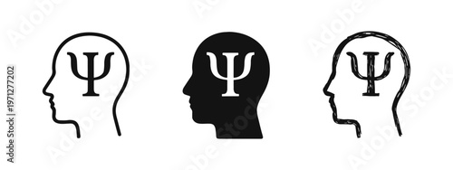 Head with Psi Symbol Icon Set - Psychology, Mental Health, Therapy, and Human Mind Concept