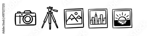 Hand-drawn photography icon set featuring a camera, tripod, and instant photos of mountains, a city, and a sunset. Black line art doodles on a white background.