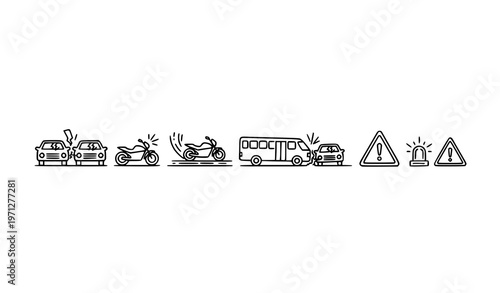 Minimal road accident line icons with car motorcycle and bus crash symbols editable stroke vector for traffic safety UI design