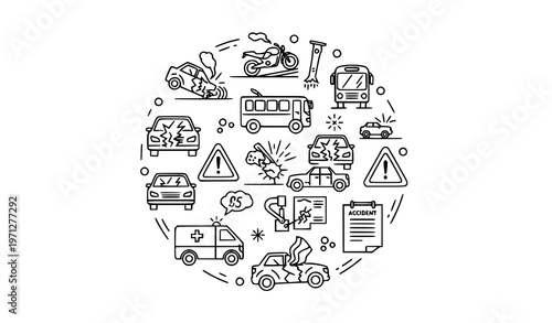 Traffic accident icons with car motorcycle and bus collision symbols editable stroke thin line vector for safety infographic and transport apps